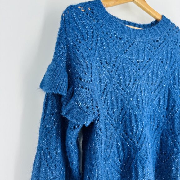 Old Navy Blue Knit Pointelle Ruffle Trim Crew Neck Long Sleeve Sweater Size S - Picture 4 of 6